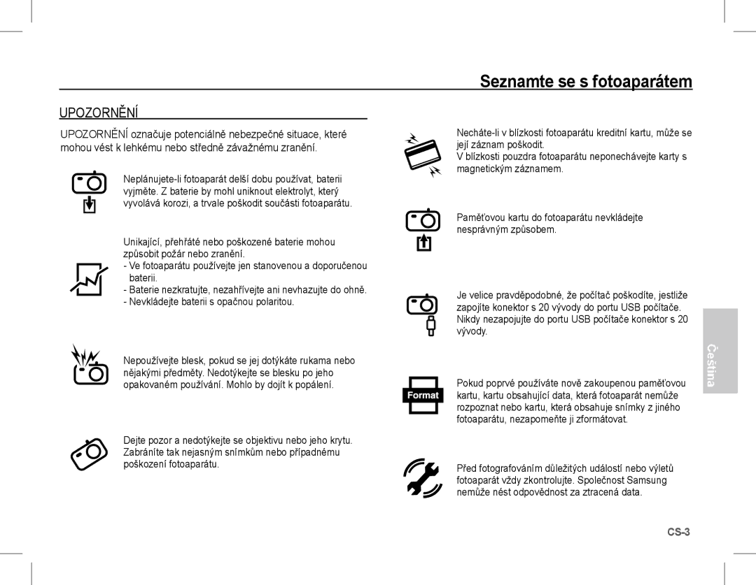 Samsung EC-L201ZEBA/E1, EC-L201ZEBA/FR Upozornění, Její záznam poškodit, Vývody, Fotoaparátu, nezapomeňte ji zformátovat 