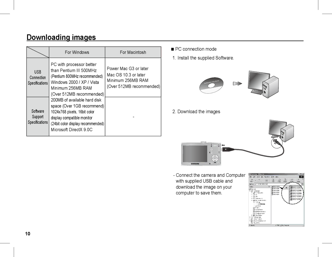 Samsung EC-L201ZUBC/IT manual Downloading images, Than Pentium III 500MHz, Mac OS 10.3 or later, Microsoft DirectX 9.0C 