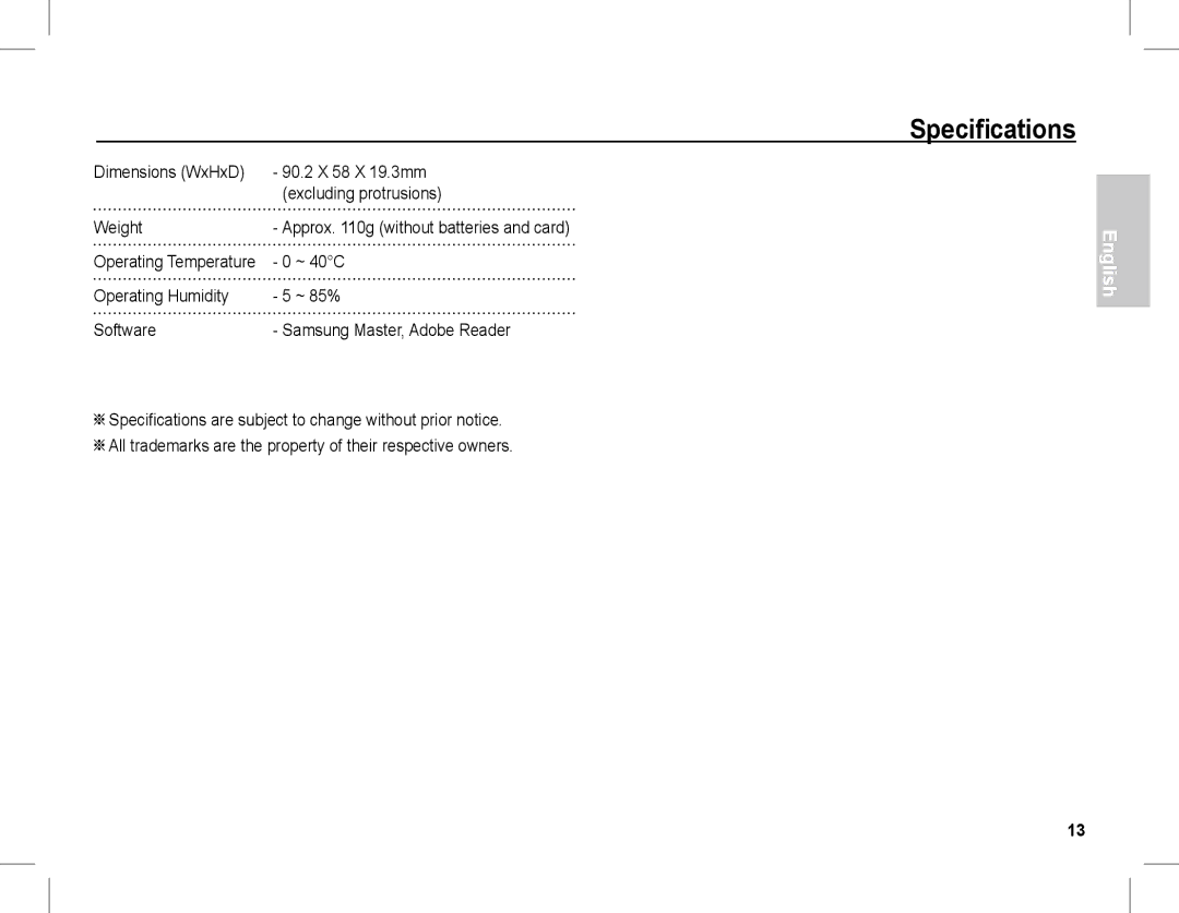 Samsung EC-L201ZSBB/IT, EC-L201ZEBA/FR, EC-L201ZPBA/FR, EC-L201ZSBA/FR, EC-L201ZBBA/FR manual ~ 40C, Operating Temperature 