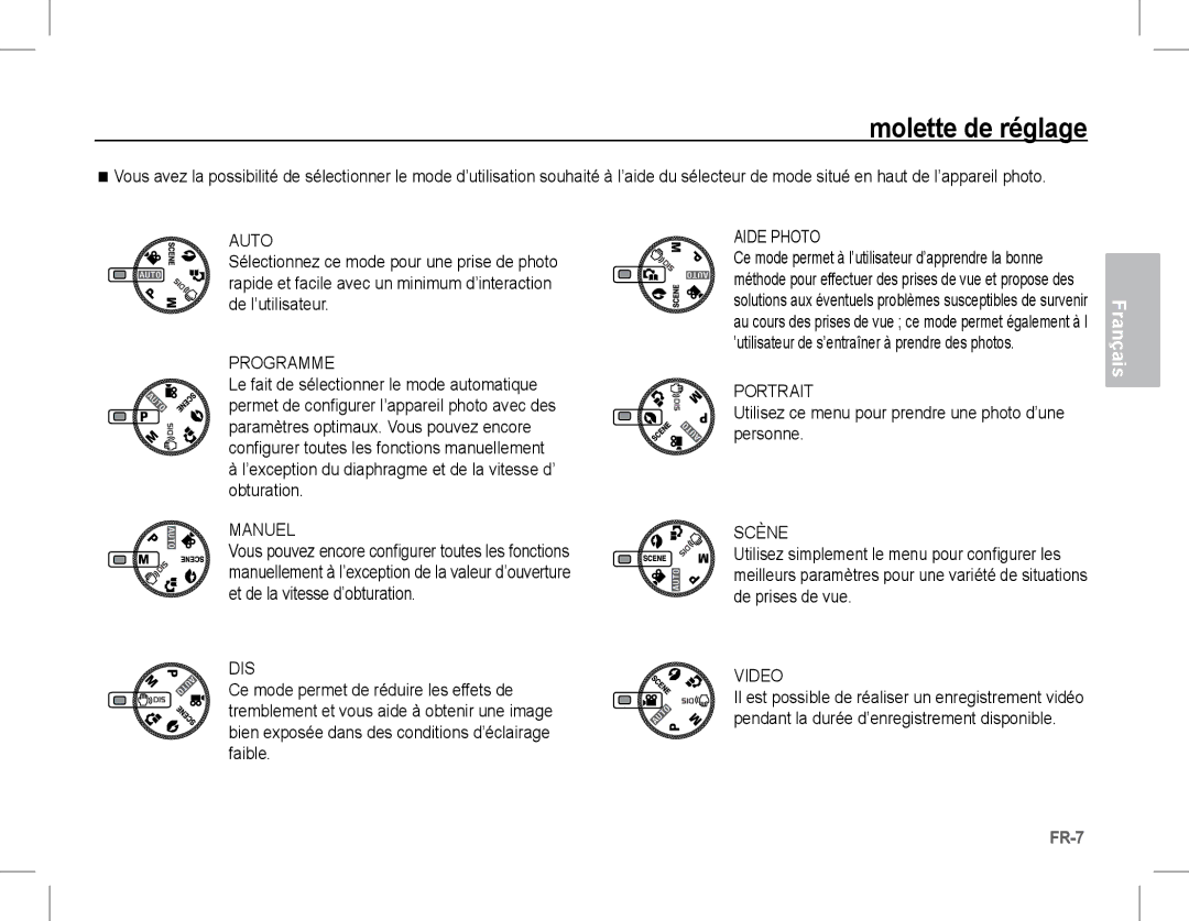 Samsung EC-L201ZUBA/E1, EC-L201ZEBA/FR manual Molette de réglage, ’exception du diaphragme et de la vitesse d’ obturation 