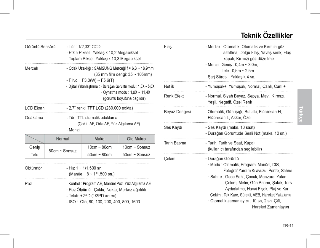 Samsung EC-L201ZEBA/VN, EC-L201ZEBA/FR, EC-L201ZPBA/FR, EC-L201ZSBA/FR, EC-L201ZBBA/FR, EC-L201ZUBA/E3 manual Teknik Özellikler 