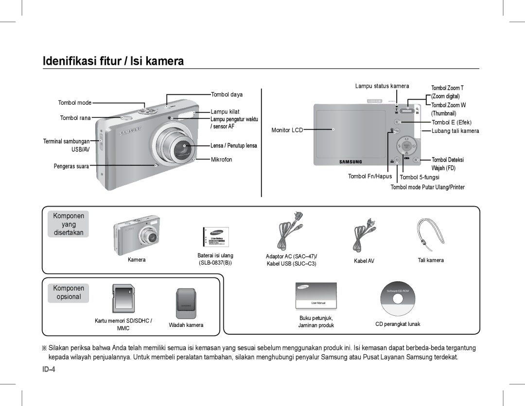 Samsung EC-L201ZEBB/IT, EC-L201ZEBA/FR manual Idenifikasi fitur / Isi kamera, Komponen Yang Disertakan, Komponen Opsional 