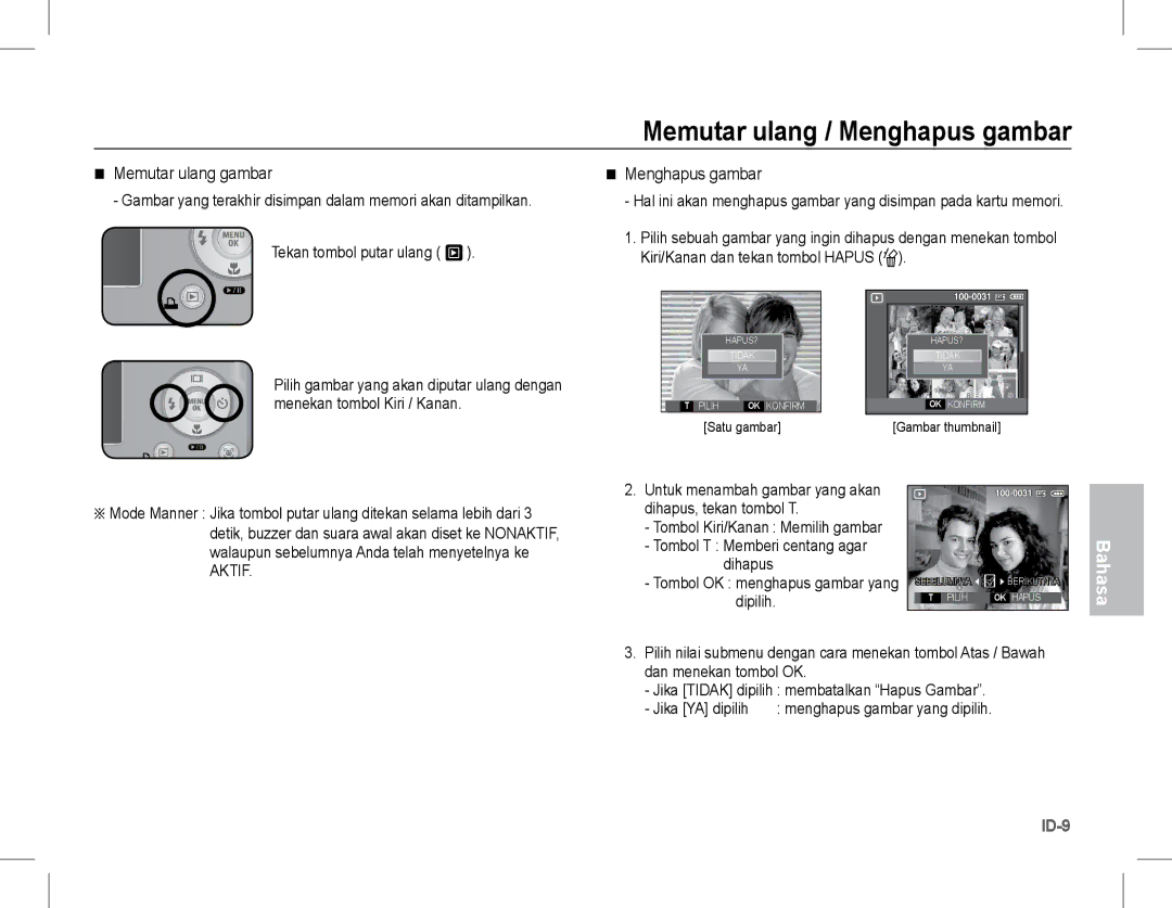 Samsung EC-L201ZPBC/IT, EC-L201ZEBA/FR, EC-L201ZPBA/FR manual Memutar ulang / Menghapus gambar, Memutar ulang gambar 