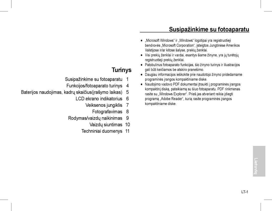 Samsung EC-L201ZPBA/E2, EC-L201ZEBA/FR, EC-L201ZPBA/FR, EC-L201ZSBA/FR, EC-L201ZBBA/FR Turinys, Susipažinkime su fotoaparatu 