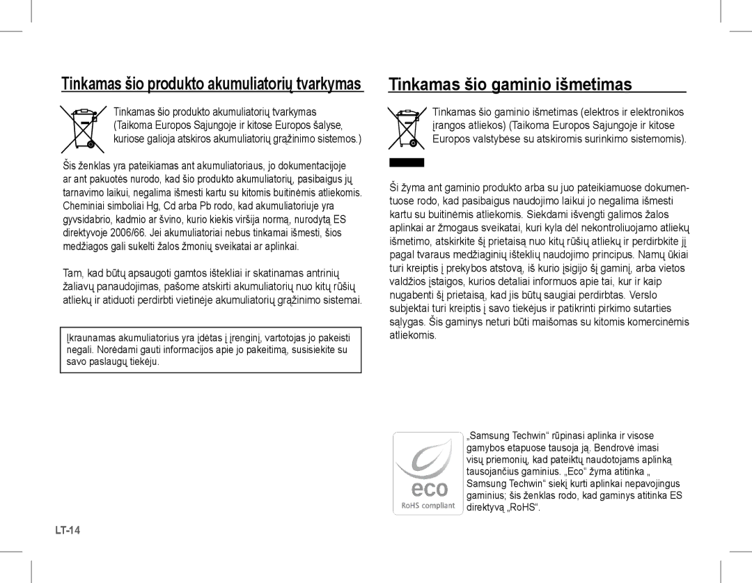 Samsung EC-L201ZBBA/FR, EC-L201ZEBA/FR manual Tinkamas šio gaminio išmetimas, Tinkamas šio produkto akumuliatorių tvarkymas 