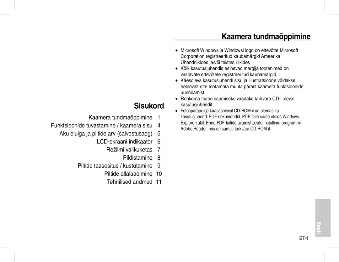 Samsung EC-L201ZBBC/IT, EC-L201ZEBA/FR, EC-L201ZPBA/FR, EC-L201ZSBA/FR, EC-L201ZBBA/FR manual Sisukord, Kaamera tundmaõppimine 