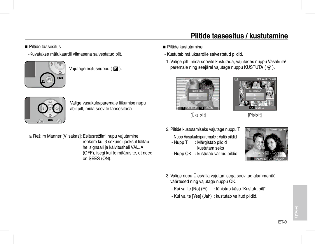 Samsung EC-L201ZSBB/IT manual Piltide taasesitus / kustutamine, Nupp OK kustutab valitud pildid, Üks pilt, Kui valite No Ei 