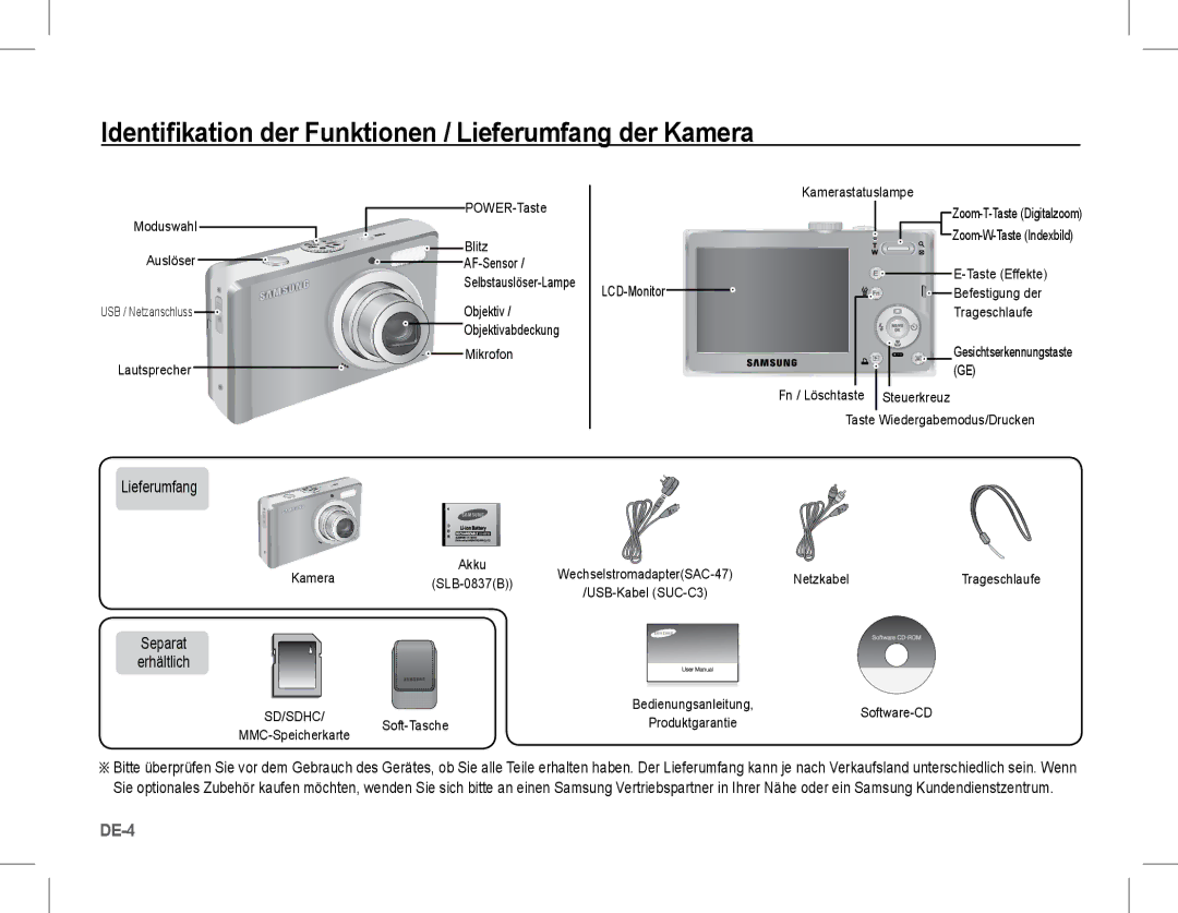 Samsung EC-L201ZSBA/E1, EC-L201ZEBA/FR manual Identifikation der Funktionen / Lieferumfang der Kamera, Separat Erhältlich 