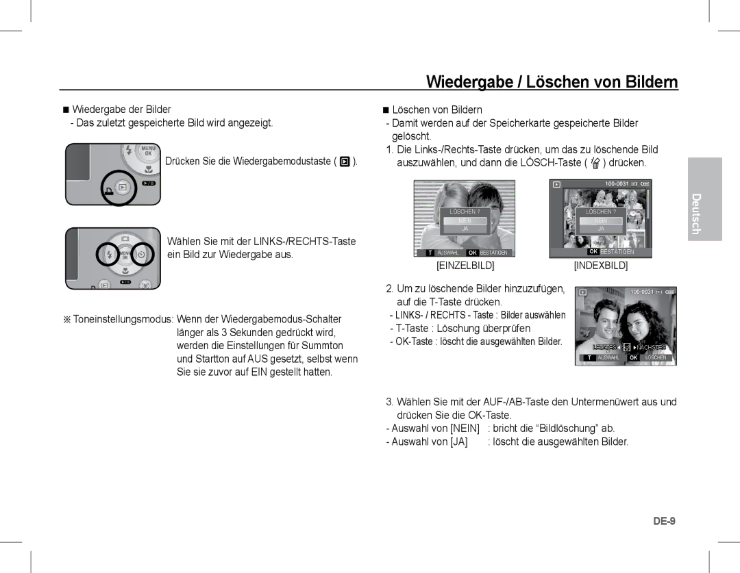 Samsung EC-L201ZUBE/ZA Wiedergabe / Löschen von Bildern, Taste Löschung überprüfen, Werden die Einstellungen für Summton 