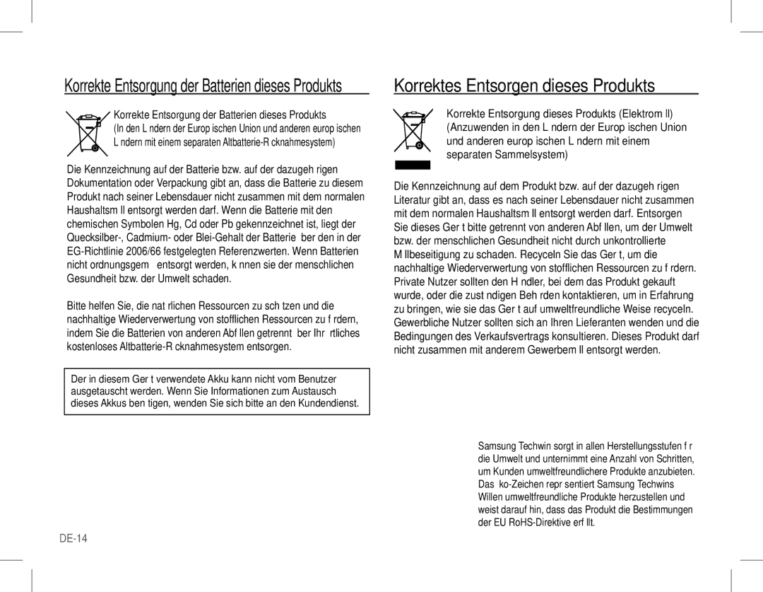 Samsung EC-L201ZPDA/AS manual Korrektes Entsorgen dieses Produkts, Korrekte Entsorgung der Batterien dieses Produkts 