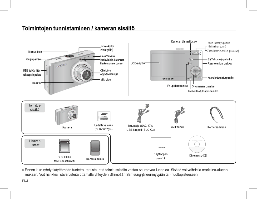 Samsung EC-L201ZEDA/AS, EC-L201ZEBA/FR manual Toimintojen tunnistaminen / kameran sisältö, Toimitus Sisältö, Lisävar Usteet 