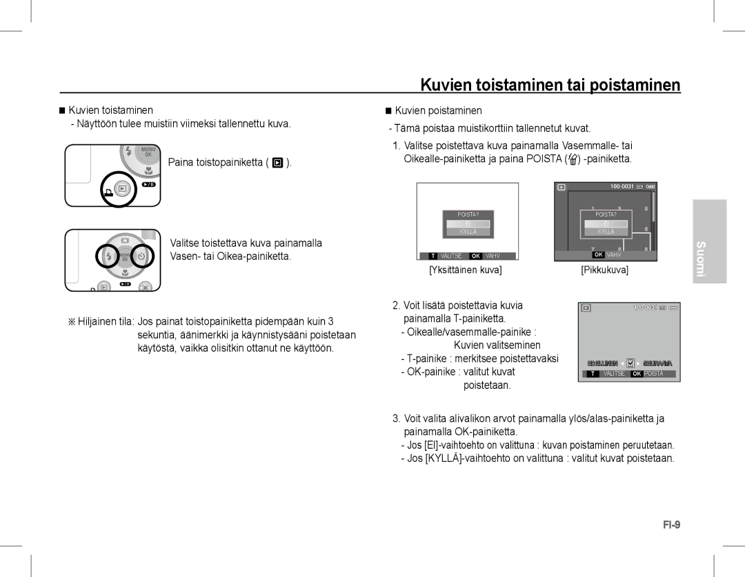 Samsung EC-L201ZSBA/VN manual Kuvien toistaminen tai poistaminen, Painike merkitsee poistettavaksi, Yksittäinen kuva 