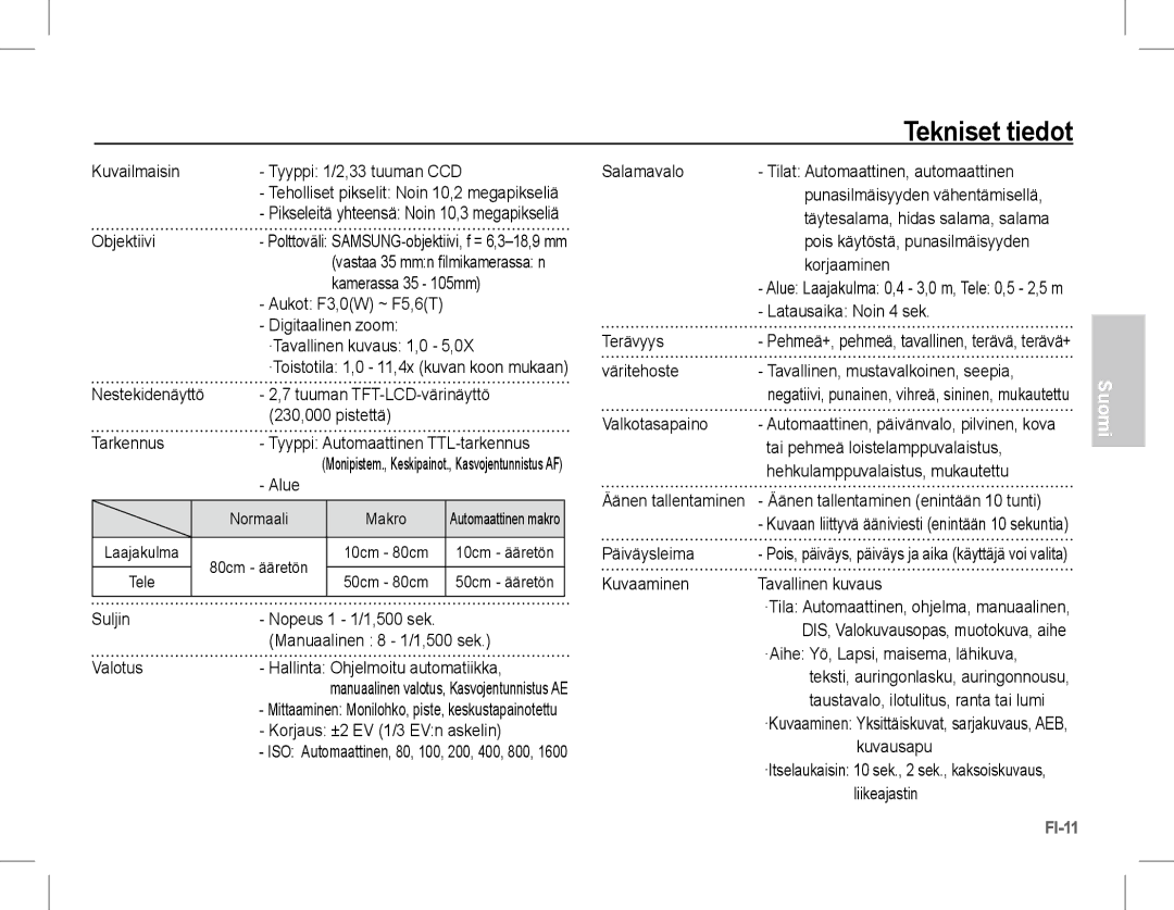 Samsung EC-L201ZEBA/VN, EC-L201ZEBA/FR, EC-L201ZPBA/FR, EC-L201ZSBA/FR, EC-L201ZBBA/FR, EC-L201ZUBA/E3 manual Tekniset tiedot 