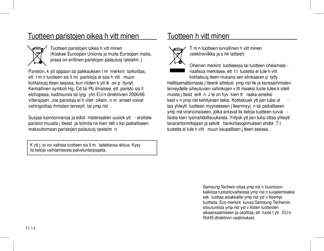 Samsung EC-L201ZBBA/E3, EC-L201ZEBA/FR, EC-L201ZPBA/FR manual Tuotteen hävittäminen, Tuotteen paristojen oikea hävittäminen 