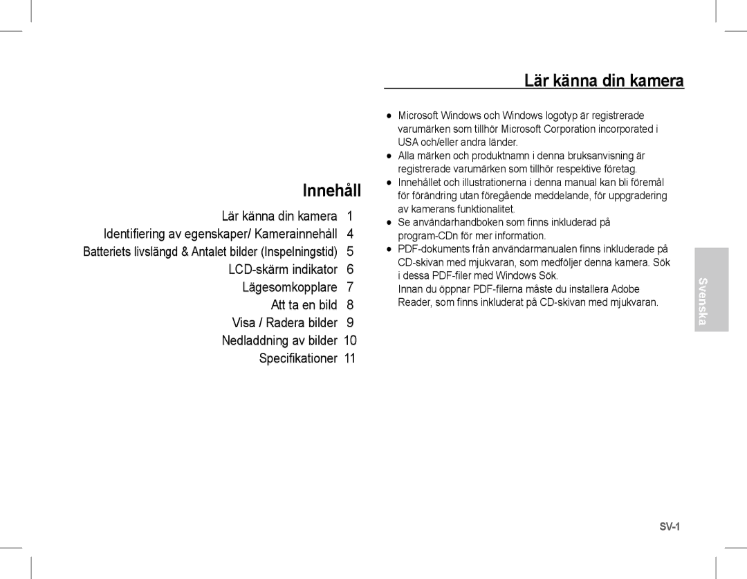 Samsung EC-L201ZSDA/E3, EC-L201ZEBA/FR, EC-L201ZPBA/FR, EC-L201ZSBA/FR, EC-L201ZBBA/FR manual Innehåll, Lär känna din kamera 