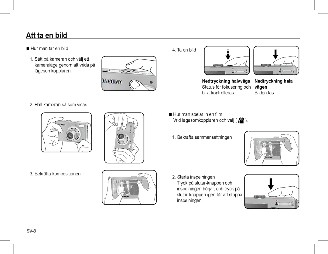 Samsung EC-L201ZUBA/E2 Att ta en bild, Hur man tar en bild, Håll kameran så som visas Bekräfta kompositionen Ta en bild 