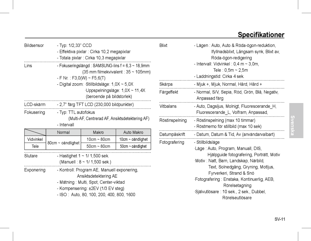 Samsung EC-L201ZEBA/RU, EC-L201ZEBA/FR, EC-L201ZPBA/FR, EC-L201ZSBA/FR, EC-L201ZBBA/FR, EC-L201ZUBA/E3 manual Specifikationer 