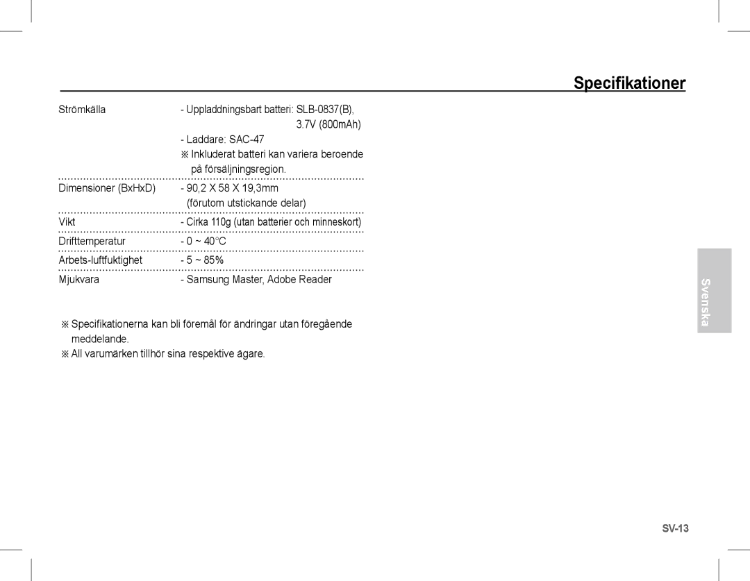 Samsung EC-L201ZEBA/FR, EC-L201ZPBA/FR Strömkälla, Laddare SAC-47, På försäljningsregion, Förutom utstickande delar, Vikt 