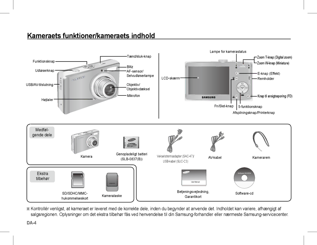 Samsung EC-L201ZEBB/IT, EC-L201ZEBA/FR manual Kameraets funktioner/kameraets indhold, Medføl Gende dele, Ekstra Tilbehør 