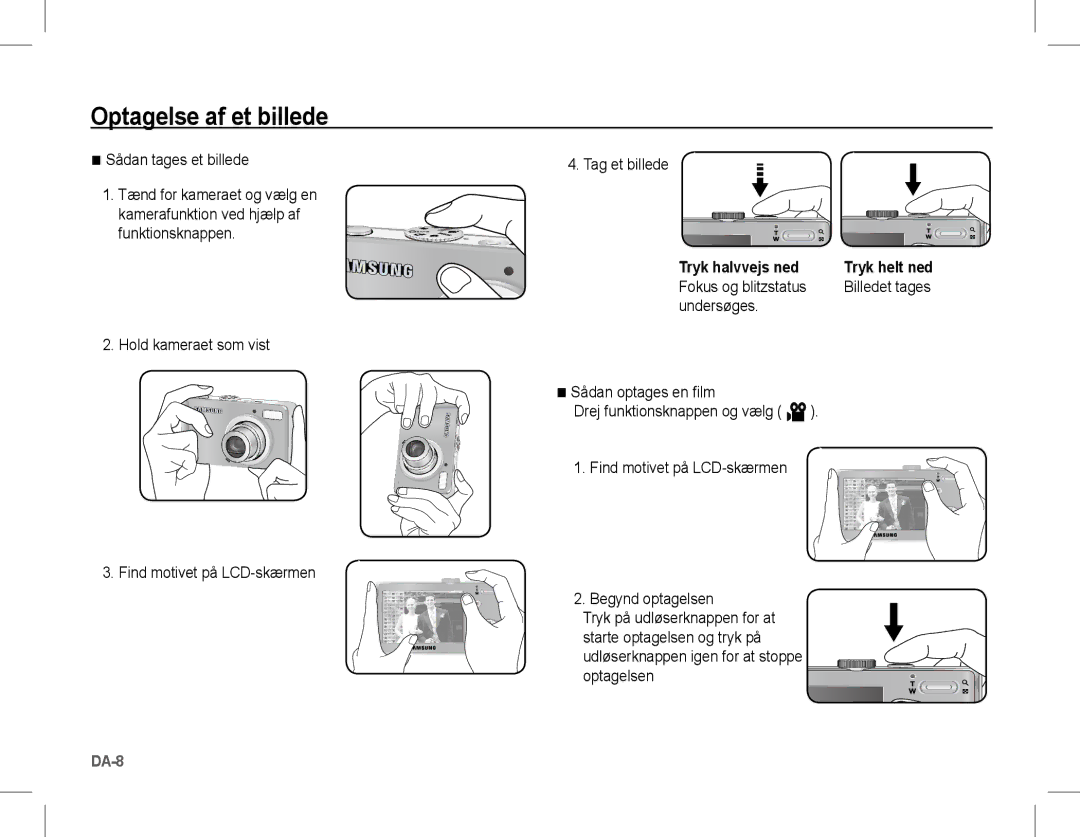 Samsung EC-L201ZUBC/IT manual Optagelse af et billede, Sådan tages et billede, Fokus og blitzstatus, Billedet tages 