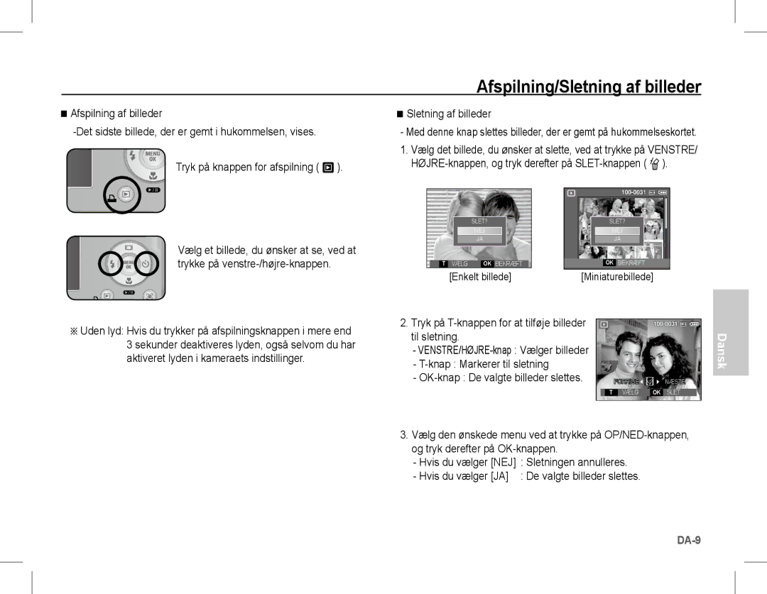 Samsung EC-L201ZPBC/IT manual Afspilning/Sletning af billeder, Tryk på T-knappen for at tilføje billeder til sletning 