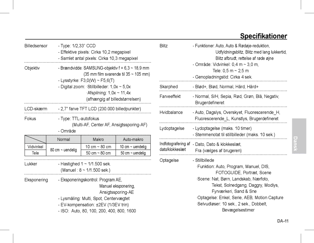 Samsung EC-L201ZSBB/IT Lysstyrke F3,0W ~ F5,6T, Digital zoom ·Stillbilleder 1,0x ~ 5,0x, ·Afspilning 1,0x ~ 11,4x, Blitz 