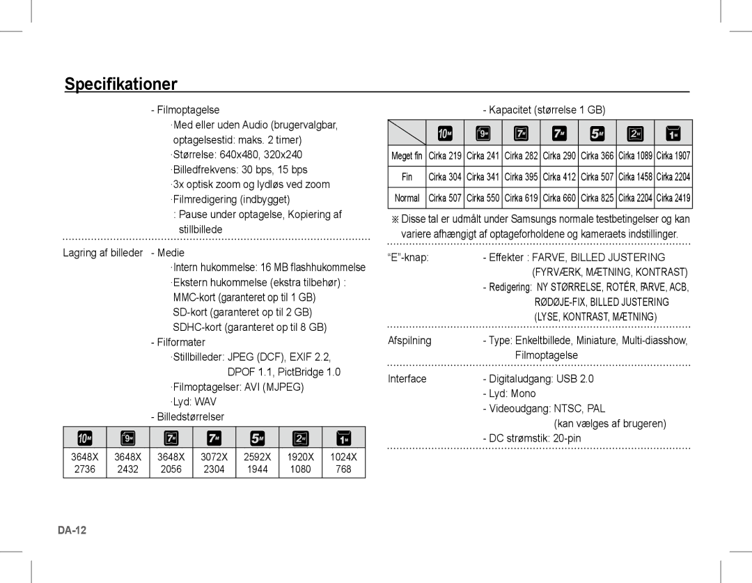 Samsung EC-L201ZBBA/IT manual Filmoptagelse, Kapacitet størrelse 1 GB, Knap Effekter Farve, Billed Justering, Afspilning 