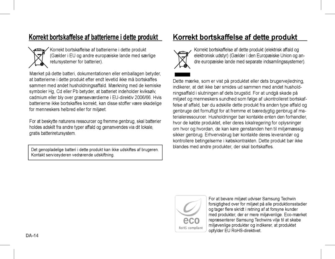 Samsung EC-L201ZSBC/IT manual Korrekt bortskaffelse af dette produkt, Korrekt bortskaffelse af batterierne i dette produkt 