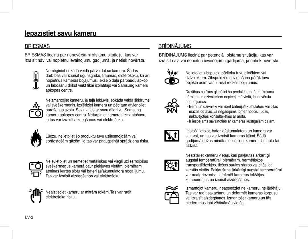 Samsung EC-L201ZEDA/AS, EC-L201ZEBA/FR, EC-L201ZPBA/FR, EC-L201ZSBA/FR, EC-L201ZBBA/FR, EC-L201ZUBA/E3 Briesmas, Brīdinājums 