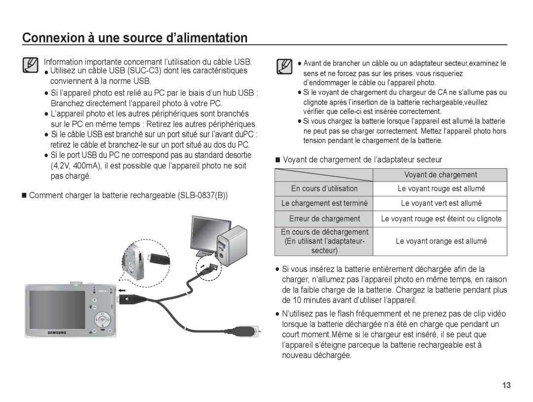 Samsung EC-L201ZSBA/FR Comment charger la batterie rechargeable SLB-0837B, Voyant de chargement de l’adaptateur secteur 