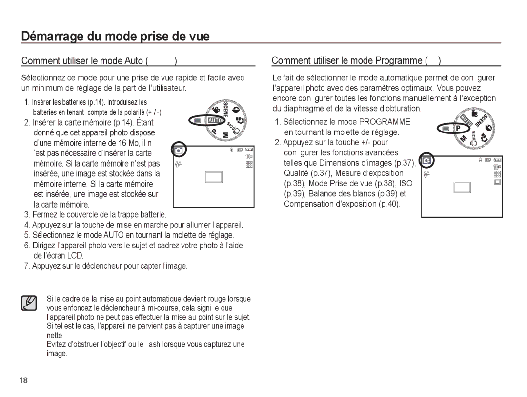 Samsung EC-L201ZPBA/FR Démarrage du mode prise de vue, Comment utiliser le mode Auto μ, Comment utiliser le mode Programme 