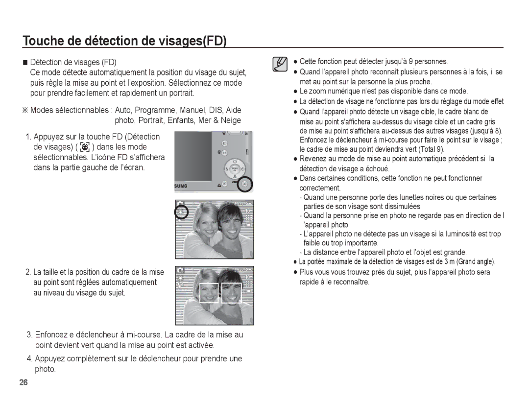 Samsung EC-L201ZBBA/FR, EC-L201ZEBA/FR, EC-L201ZPBA/FR manual Touche de détection de visagesFD, Détection de visages FD 