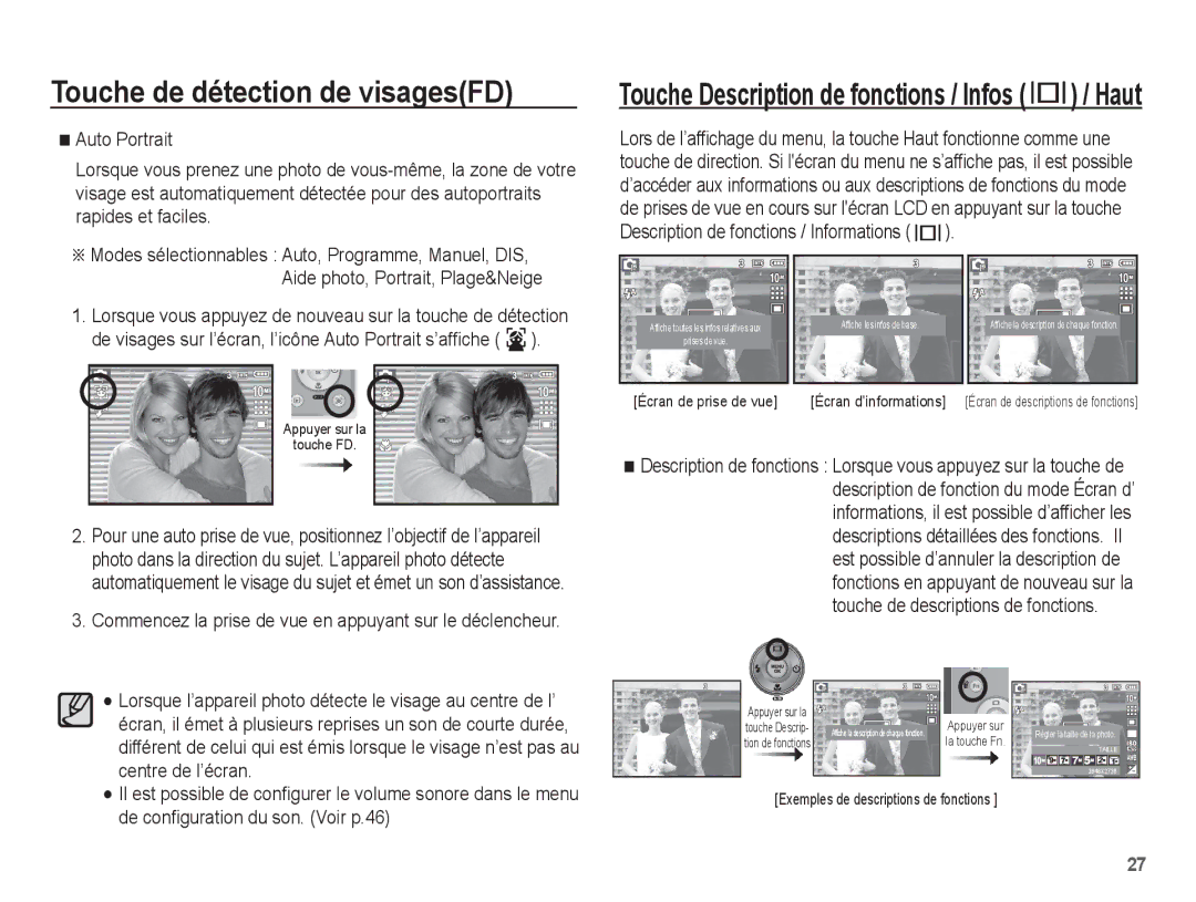 Samsung EC-L201ZUBA/E3, EC-L201ZEBA/FR, EC-L201ZPBA/FR, EC-L201ZSBA/FR manual Touche Description de fonctions / Infos / Haut 