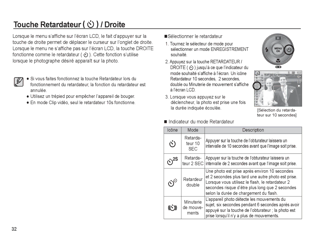 Samsung EC-L201ZBBA/FR, EC-L201ZEBA/FR, EC-L201ZPBA/FR manual Touche Retardateur / Droite, Sélectionner le retardateur 