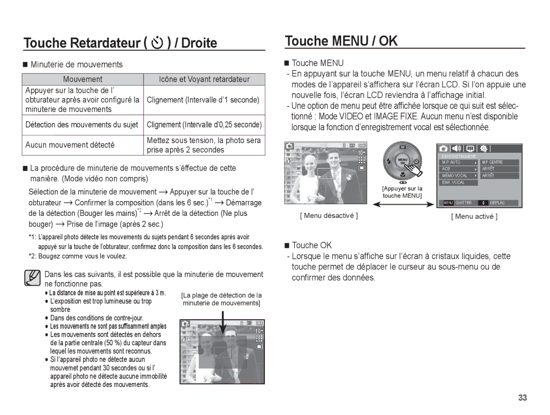 Samsung EC-L201ZUBA/E3, EC-L201ZEBA/FR, EC-L201ZPBA/FR, EC-L201ZSBA/FR manual Touche Menu / OK, Minuterie de mouvements 