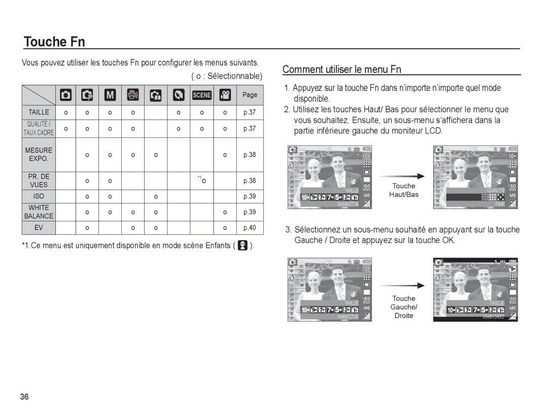 Samsung EC-L201ZPBA/FR, EC-L201ZEBA/FR, EC-L201ZSBA/FR, EC-L201ZBBA/FR manual Touche Fn, ‰ ÿ, Comment utiliser le menu Fn 