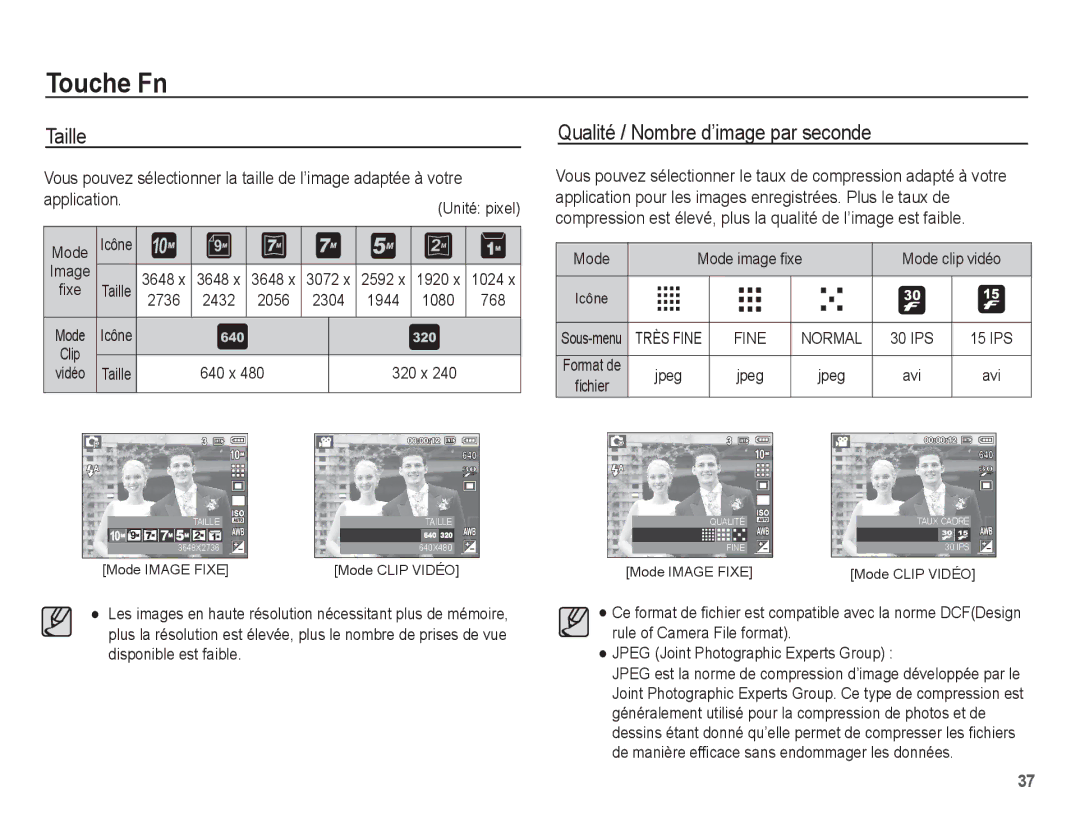 Samsung EC-L201ZSBA/FR, EC-L201ZEBA/FR, EC-L201ZPBA/FR, EC-L201ZBBA/FR manual Taille, Qualité / Nombre d’image par seconde 