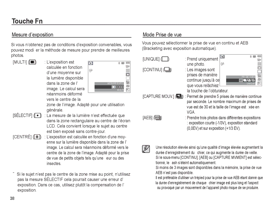 Samsung EC-L201ZBBA/FR, EC-L201ZEBA/FR, EC-L201ZPBA/FR, EC-L201ZSBA/FR, EC-L201ZUBA/E3 Mesure d’exposition, Mode Prise de vue 