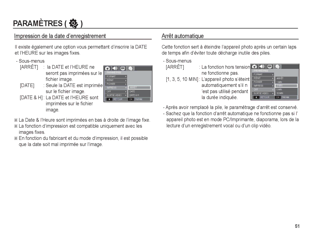 Samsung EC-L201ZUBA/E3, EC-L201ZEBA/FR, EC-L201ZPBA/FR manual Impression de la date d’enregistrement, Arrêt automatique 