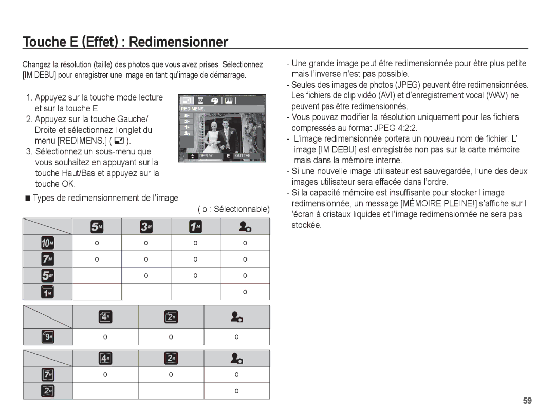 Samsung EC-L201ZEBA/FR, EC-L201ZPBA/FR, EC-L201ZSBA/FR, EC-L201ZBBA/FR, EC-L201ZUBA/E3 manual Touche E Effet Redimensionner 