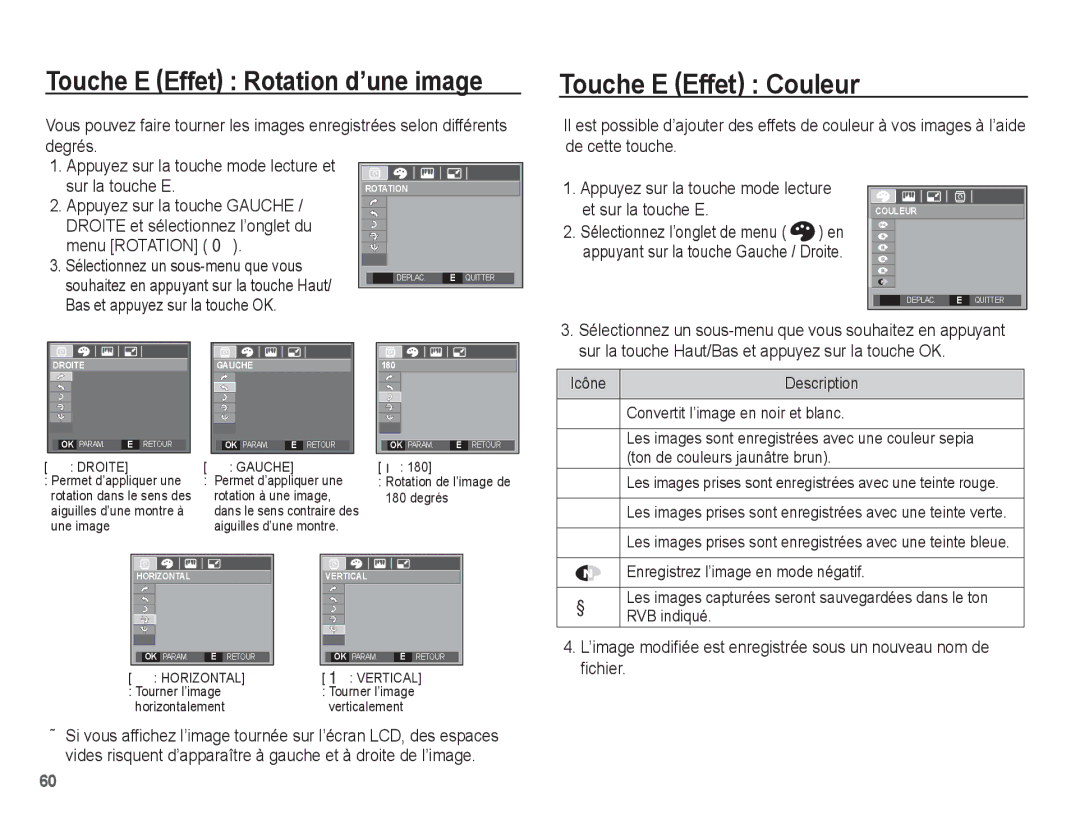 Samsung EC-L201ZPBA/FR manual Touche E Effet Couleur, Icône Description Convertit l’image en noir et blanc, RVB indiqué 