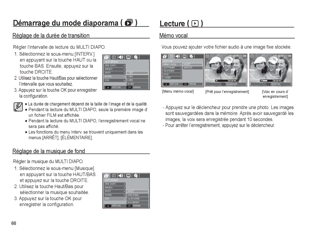 Samsung EC-L201ZPBA/FR, EC-L201ZEBA/FR manual Lecture à, Réglage de la durée de transition, Réglage de la musique de fond 