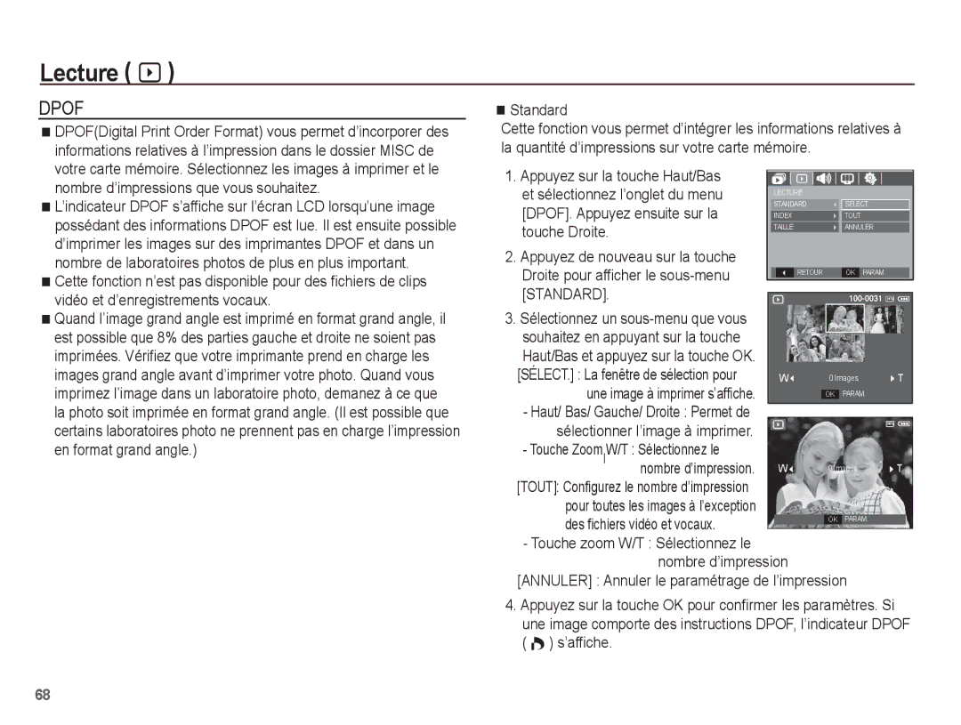 Samsung EC-L201ZBBA/FR manual Standard, DPOF. Appuyez ensuite sur la, Touche Droite, Droite pour afficher le sous-menu 