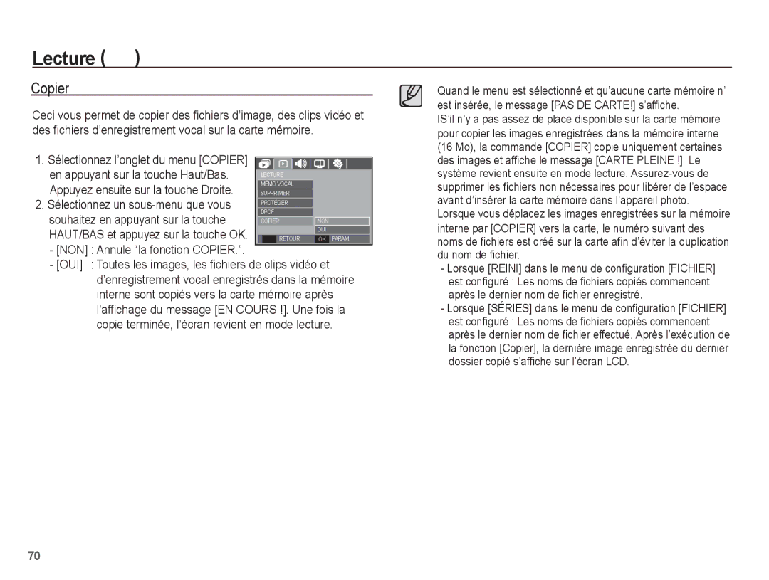 Samsung EC-L201ZUBA/FR, EC-L201ZEBA/FR manual NON Annule la fonction Copier, En appuyant sur la touche Haut/Bas 