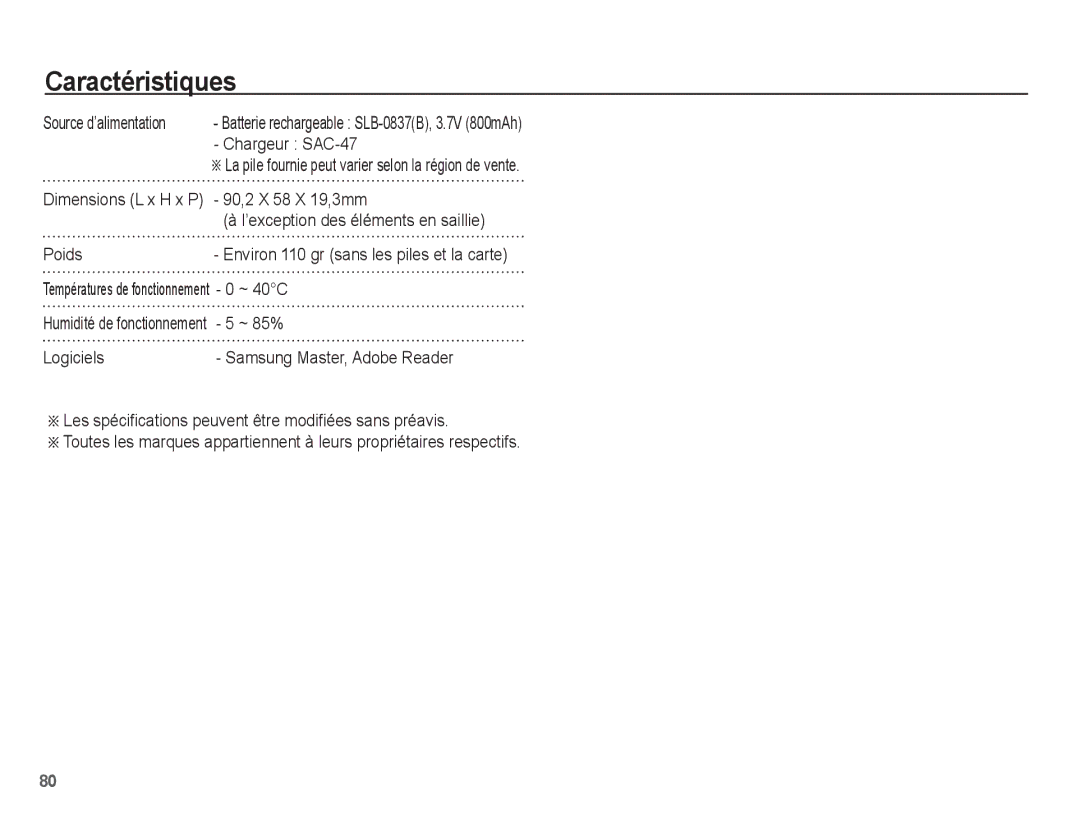 Samsung EC-L201ZBBA/FR, EC-L201ZEBA/FR, EC-L201ZPBA/FR manual Chargeur SAC-47, 90,2 X 58 X 19,3mm, Poids, ~ 40C, ~ 85% 