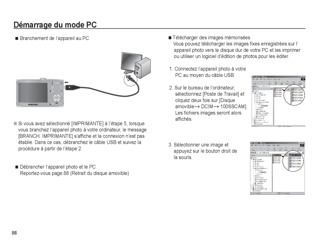 Samsung EC-L201ZBBA/FR, EC-L201ZEBA/FR manual Branchement de l’appareil au PC, Télécharger des images mémorisées, La souris 