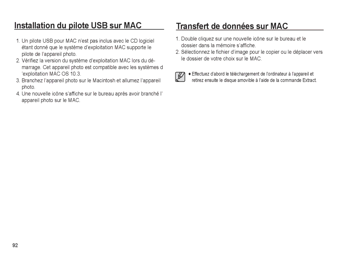 Samsung EC-L201ZBBA/FR, EC-L201ZEBA/FR, EC-L201ZPBA/FR Installation du pilote USB sur MAC, Transfert de données sur MAC 