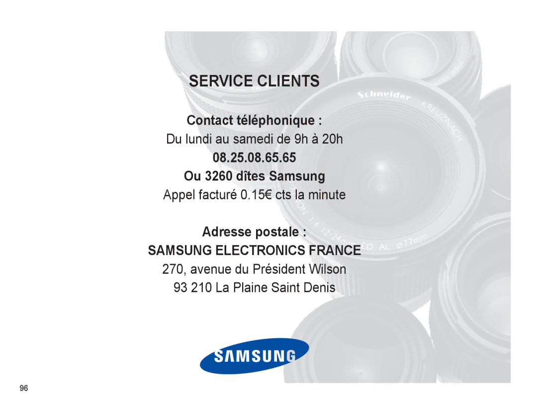 Samsung EC-L201ZPBA/FR, EC-L201ZEBA/FR manual Contact téléphonique, 08.25.08.65.65 Ou 3260 dîtes Samsung, Adresse postale 