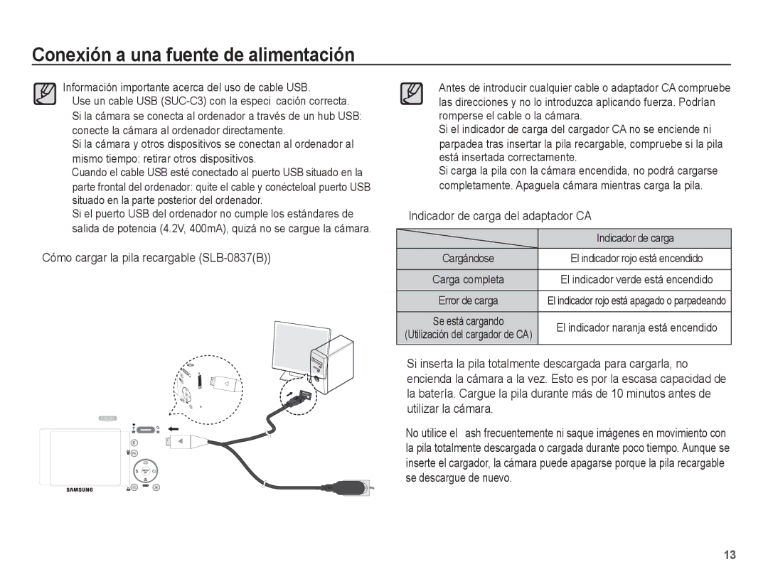 Samsung EC-L201ZBBA/E1, EC-L201ZSBA/E1 manual Cómo cargar la pila recargable SLB-0837B, Indicador de carga del adaptador CA 