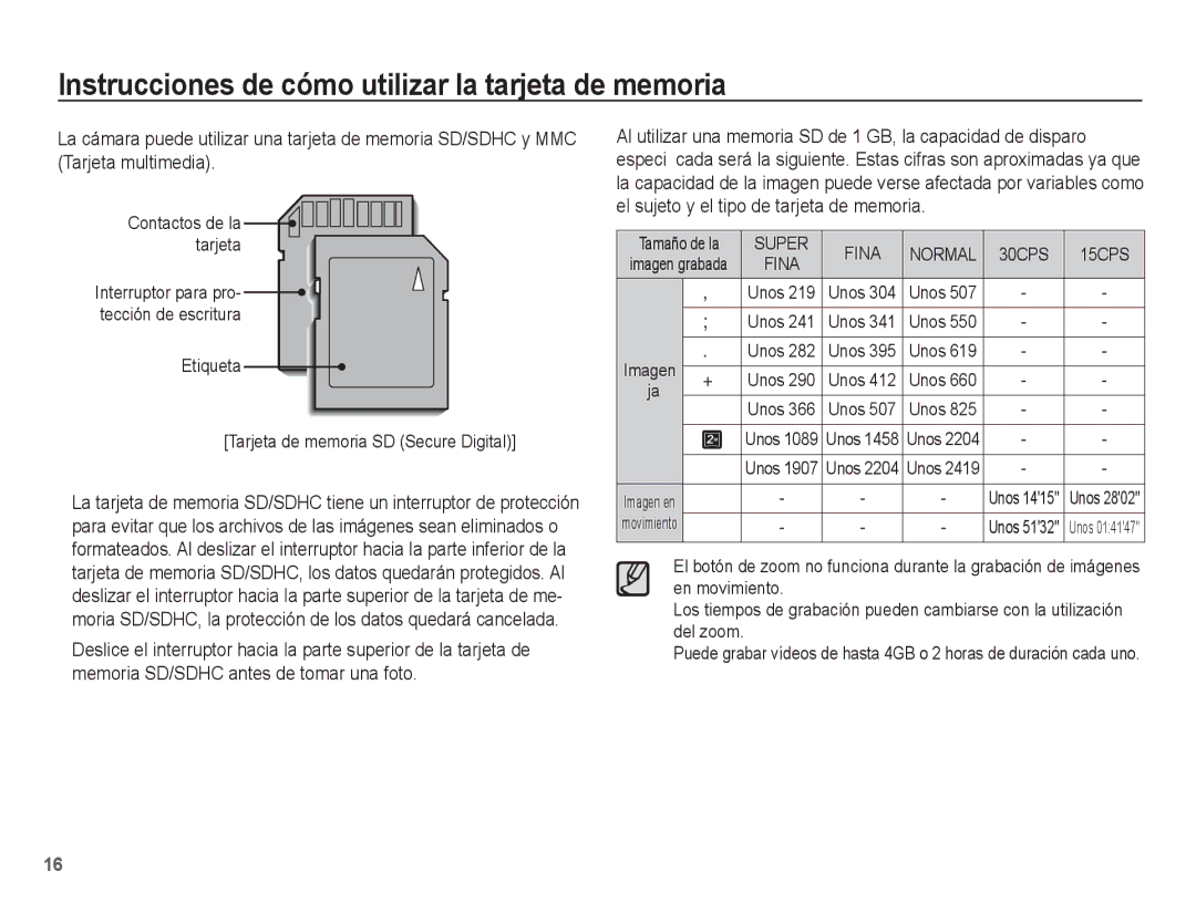 Samsung EC-L201ZPBA/E1, EC-L201ZSBA/E1 manual Contactos de la tarjeta, Etiqueta Tarjeta de memoria SD Secure Digital, Unos 